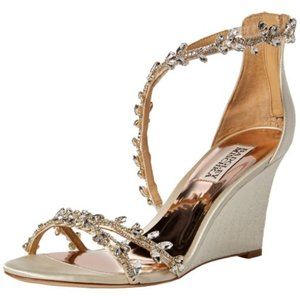 Badgley Mischka Women's Feather Ivory Satin Wedge Sandal